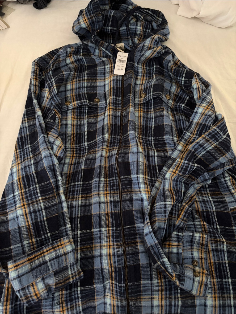 LL BEAN Classic Navy Plaid Hooded Flannel Jacket Full Zip NWT